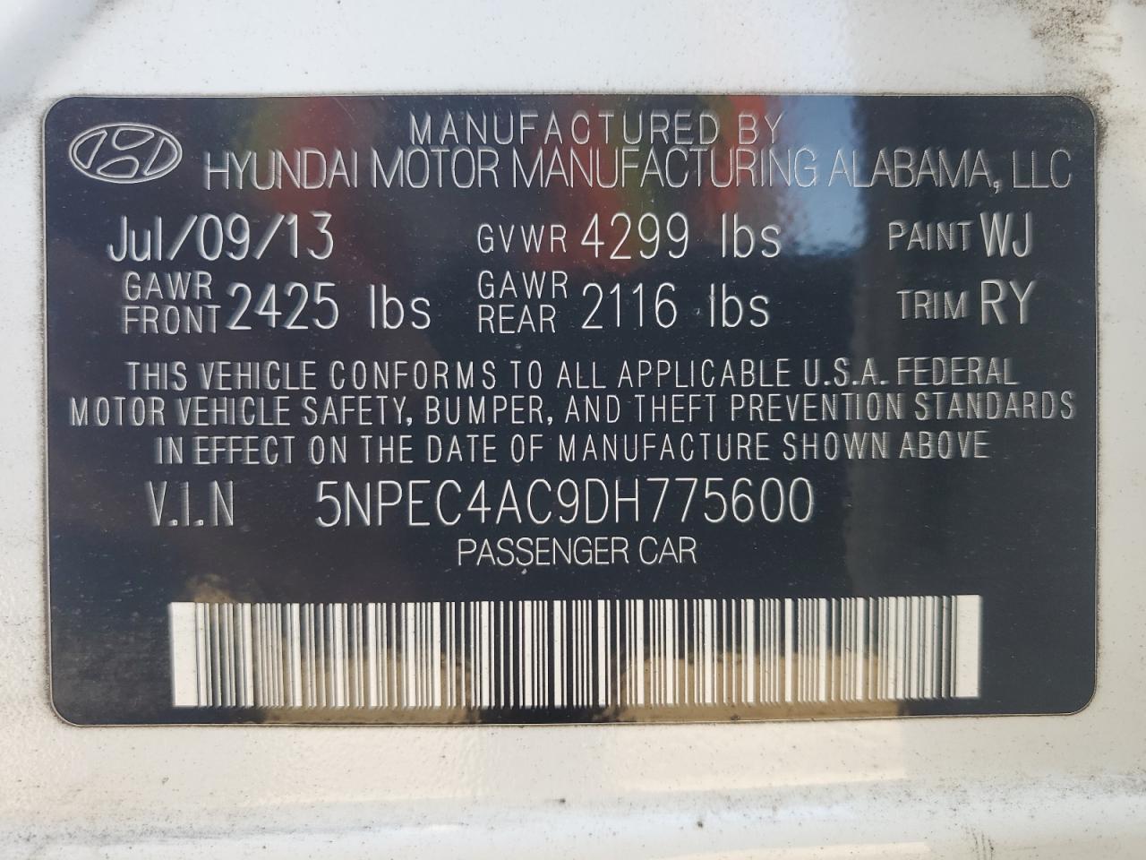 2013 Hyundai Sonata Se VIN: 5NPEC4AC9DH775600 Lot: 63422605