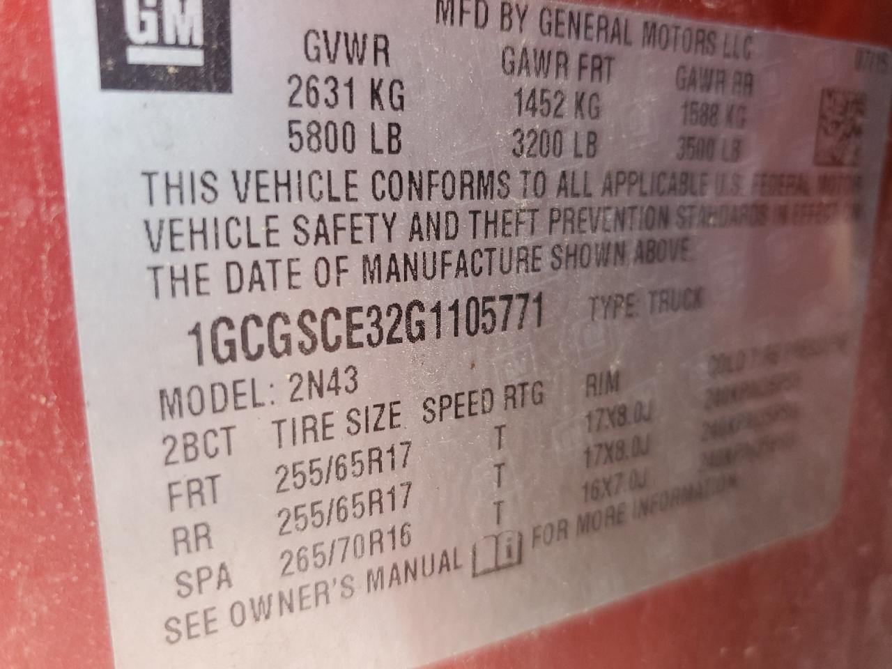 2016 Chevrolet Colorado Lt VIN: 1GCGSCE32G1105771 Lot: 62848245