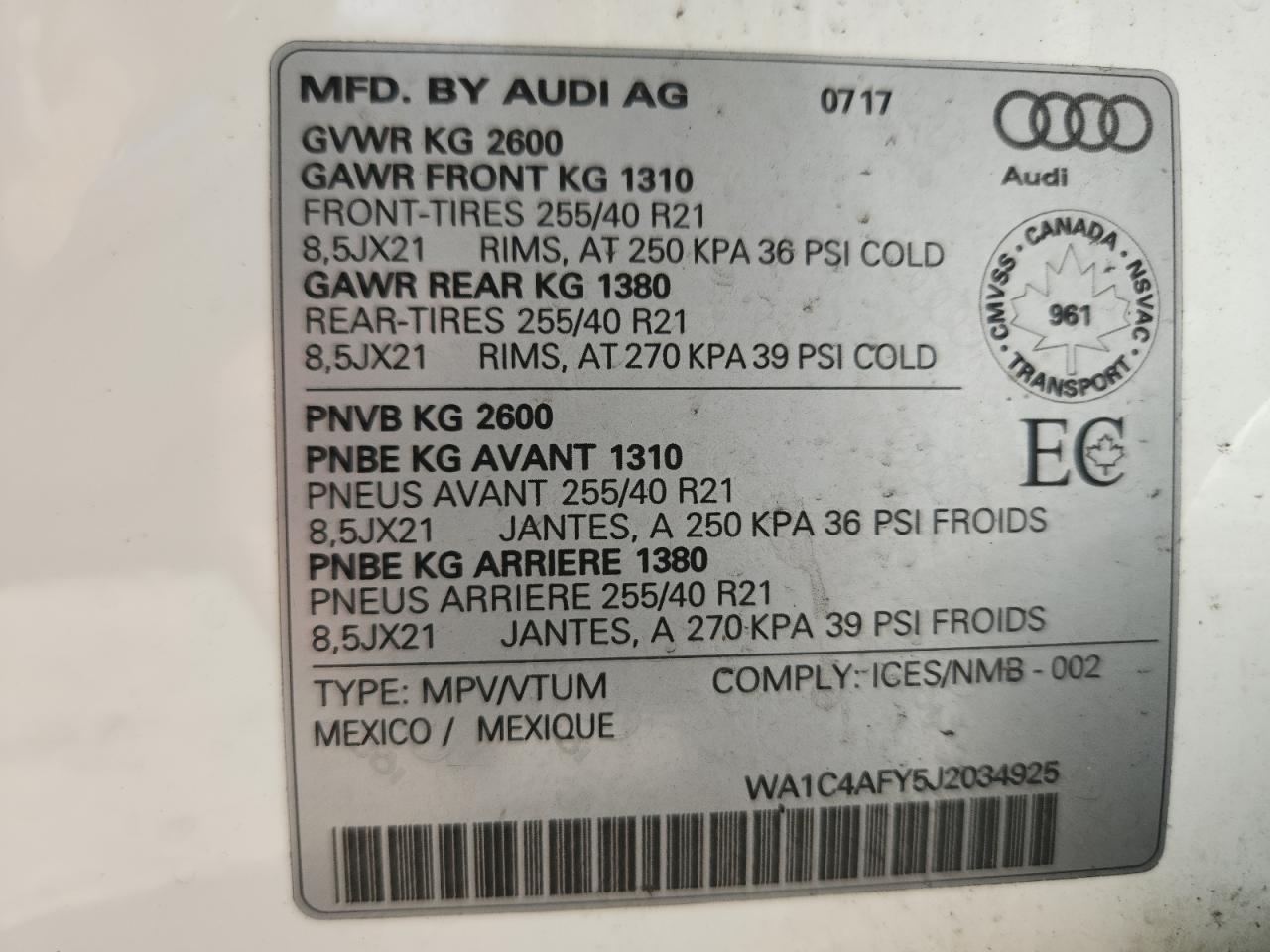 2018 Audi Sq5 Prestige VIN: WA1C4AFY5J2034925 Lot: 64599095