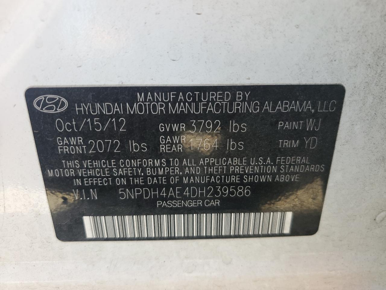 2013 Hyundai Elantra Gls VIN: 5NPDH4AE4DH239586 Lot: 63535215