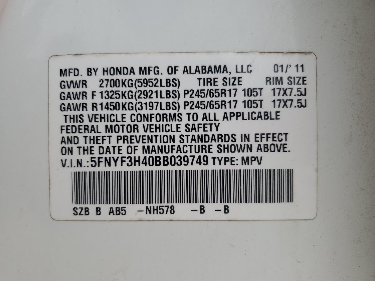 2011 Honda Pilot Ex VIN: 5FNYF3H40BB039749 Lot: 64477835