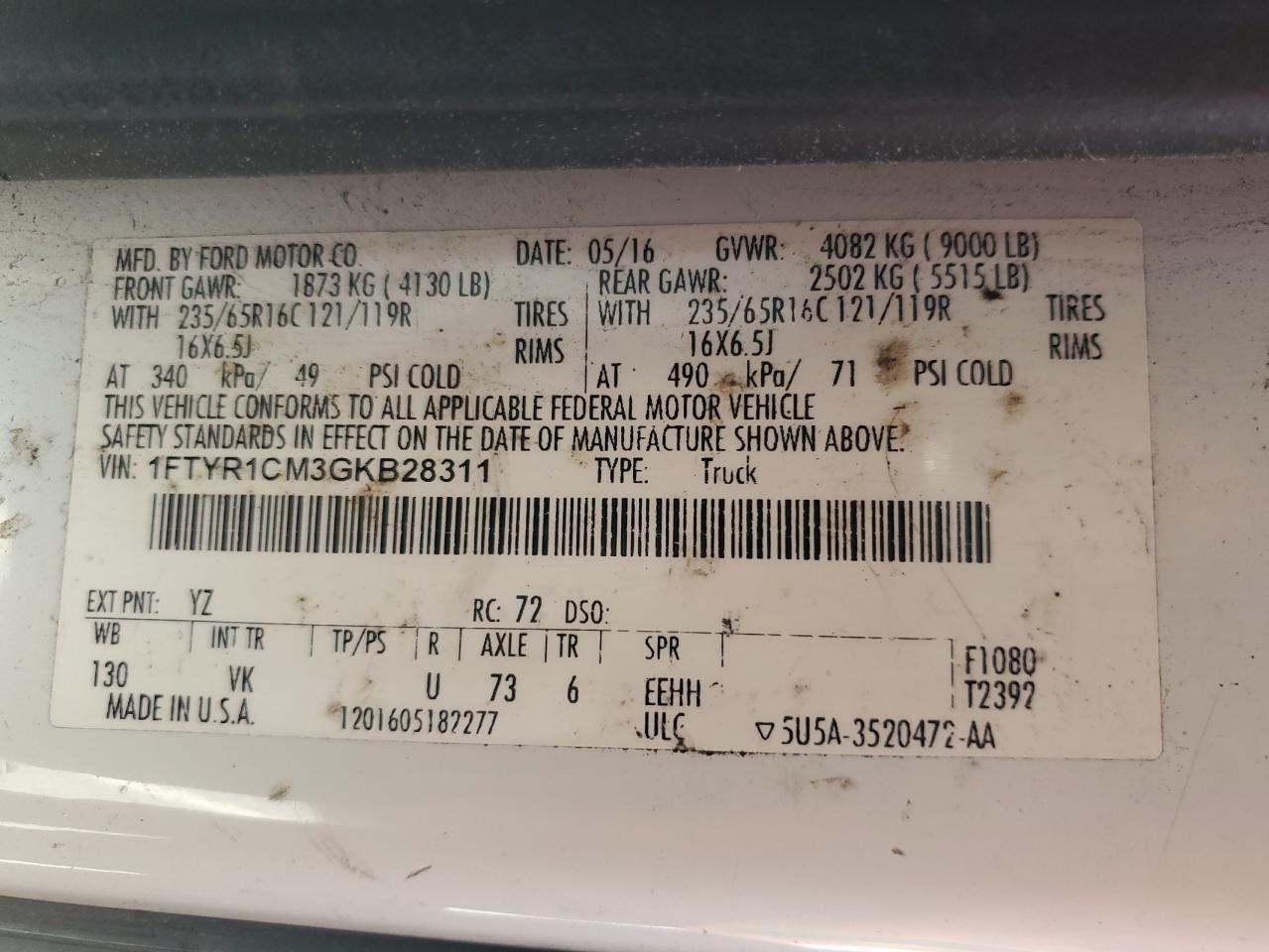 2016 Ford Transit T-250 VIN: 1FTYR1CM3GKB28311 Lot: 62732685