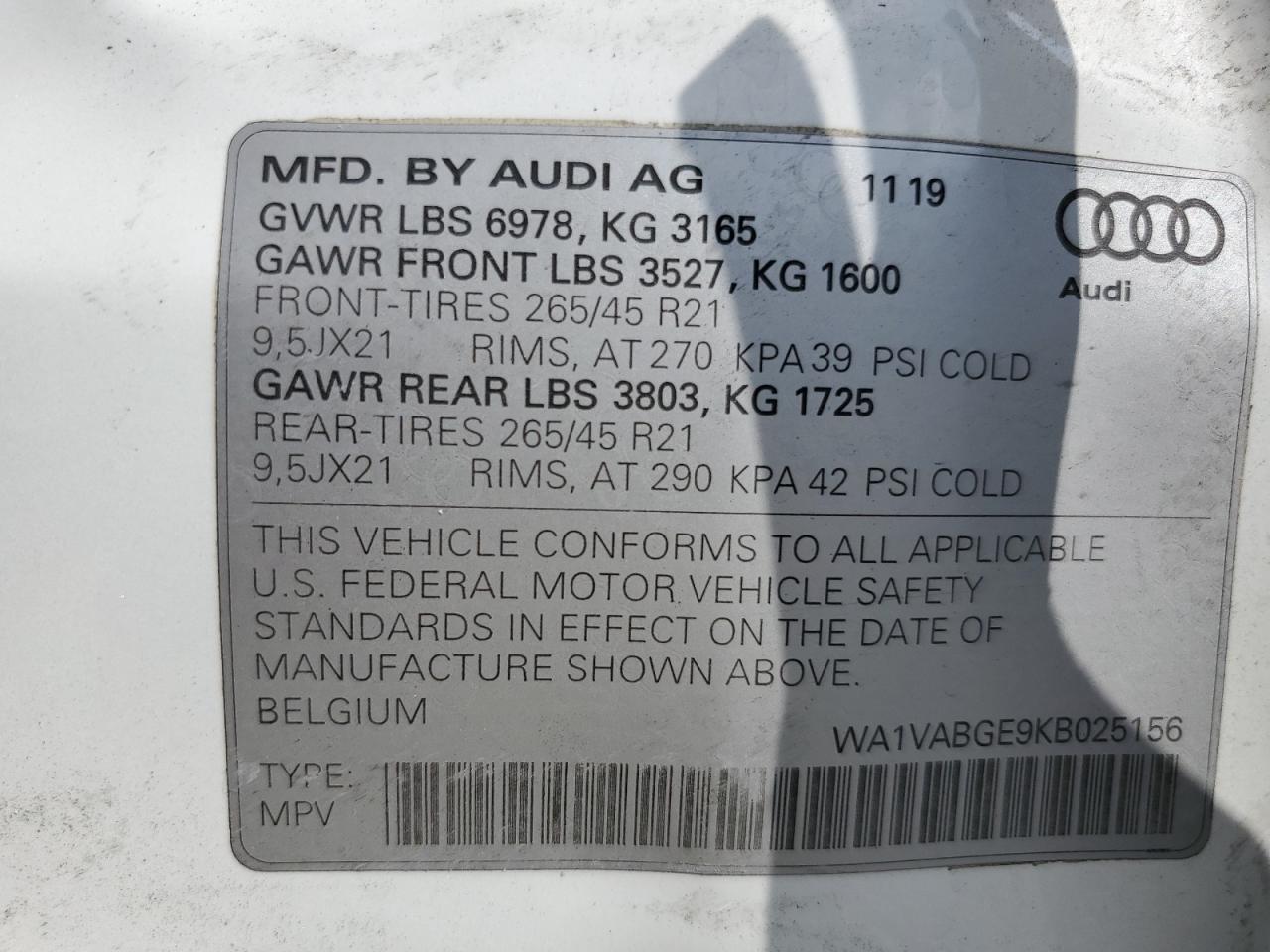 wa1vabge9kb025156 WA1VABGE9KB025156 2019 Audi E-Tron Prestige
