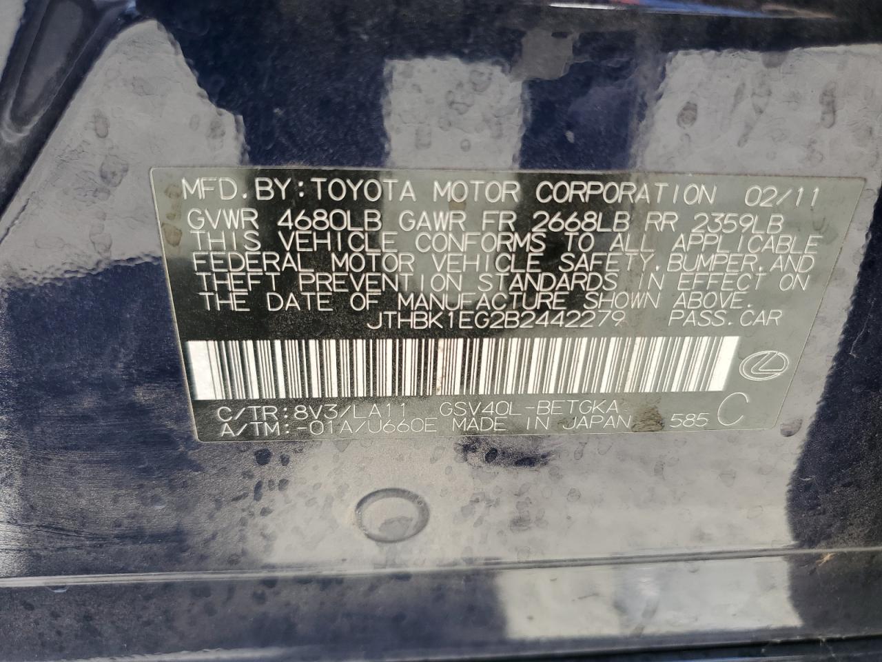 jthbk1eg2b2442279 JTHBK1EG2B2442279 2011 Lexus Es 350