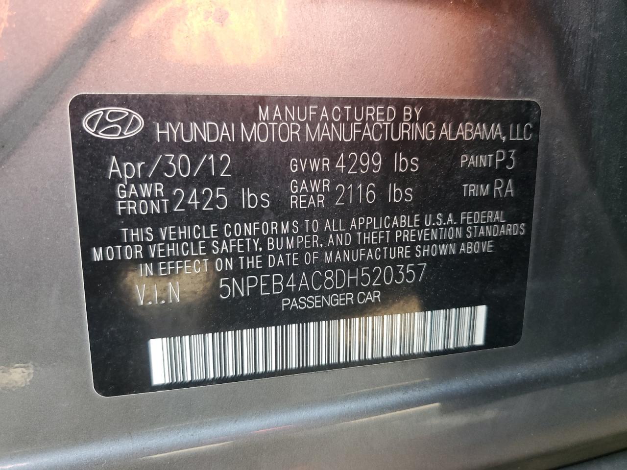 2013 Hyundai Sonata Gls VIN: 5NPEB4AC8DH520357 Lot: 63736675