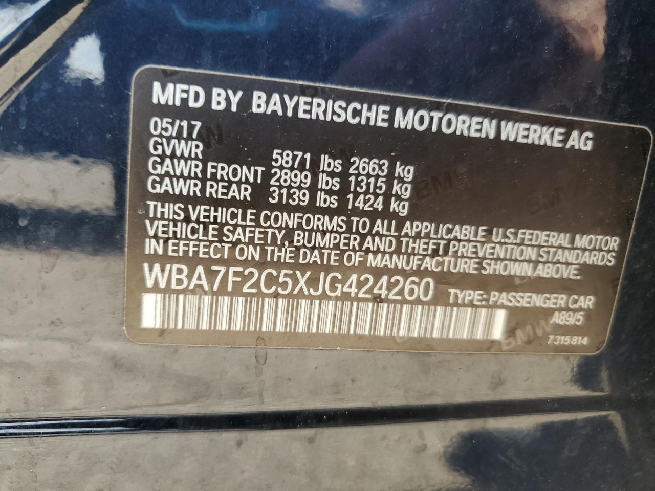 2018 BMW 750 Xi VIN: WBA7F2C5XJG424260 Lot: 63927585