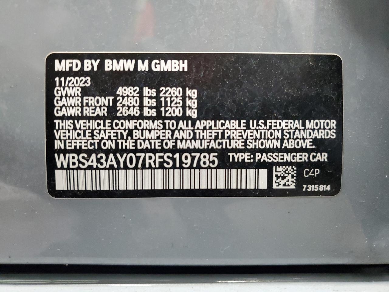 2024 BMW M3 Competition VIN: WBS43AY07RFS19785 Lot: 63383255