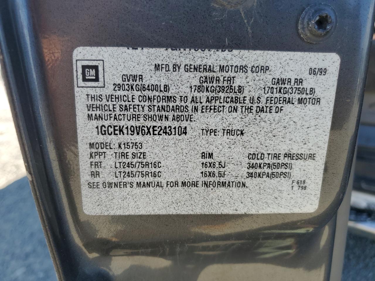 1999 Chevrolet Silverado K1500 VIN: 1GCEK19V6XE243104 Lot: 65194625