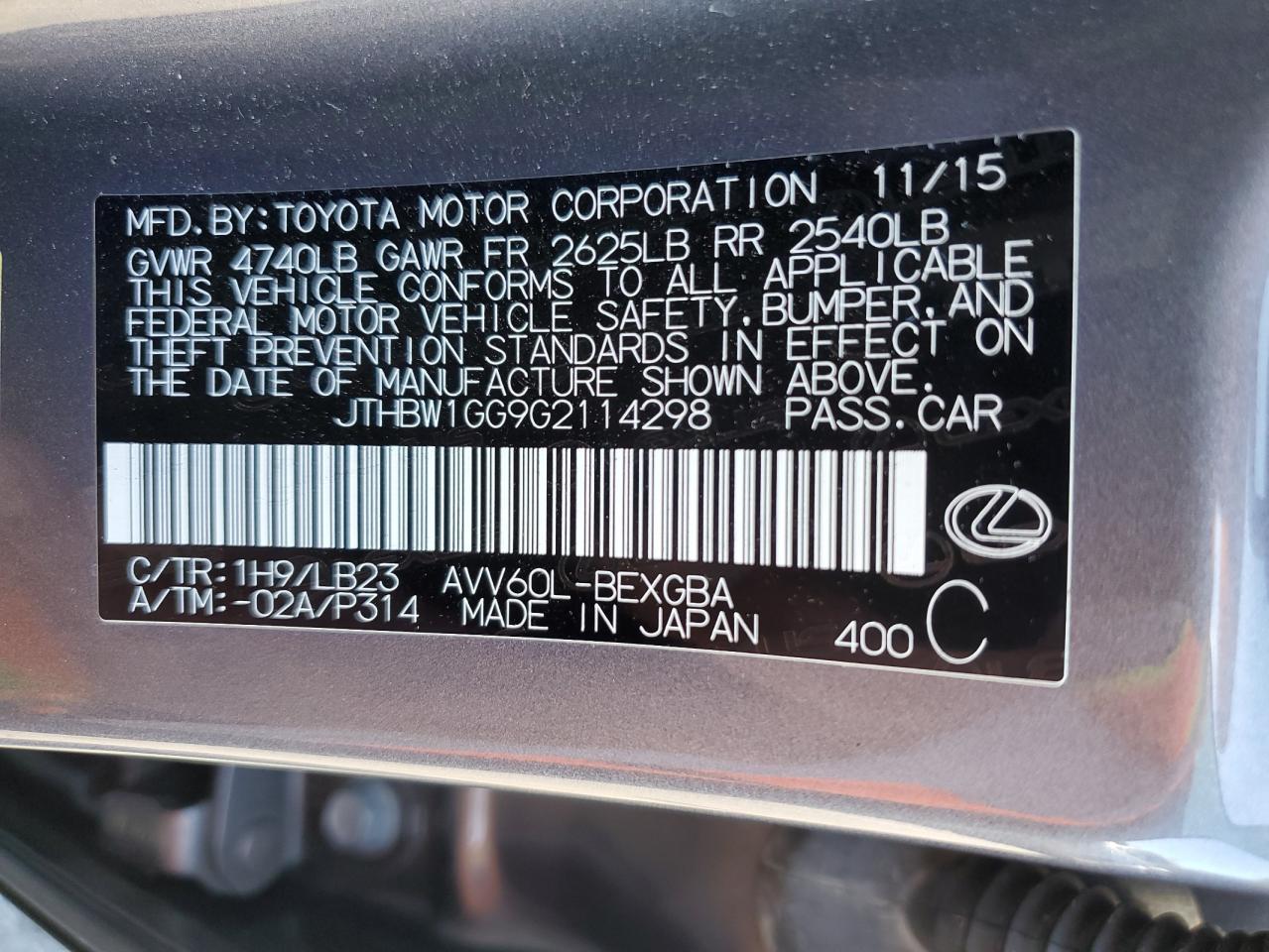 2016 Lexus Es 300H VIN: JTHBW1GG9G2114298 Lot: 63915035