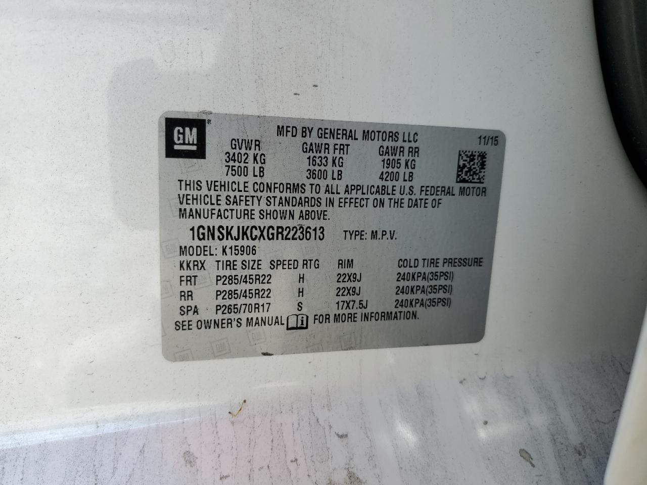 1gnskjkcxgr223613 1GNSKJKCXGR223613 2016 Chevrolet Suburban K1500 Ltz