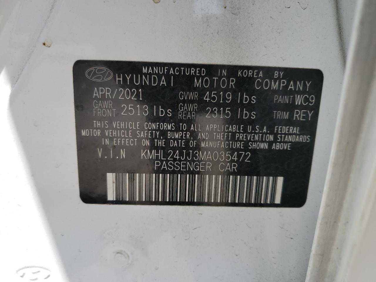 2021 Hyundai Sonata Hybrid VIN: KMHL24JJ3MA035472 Lot: 64060875
