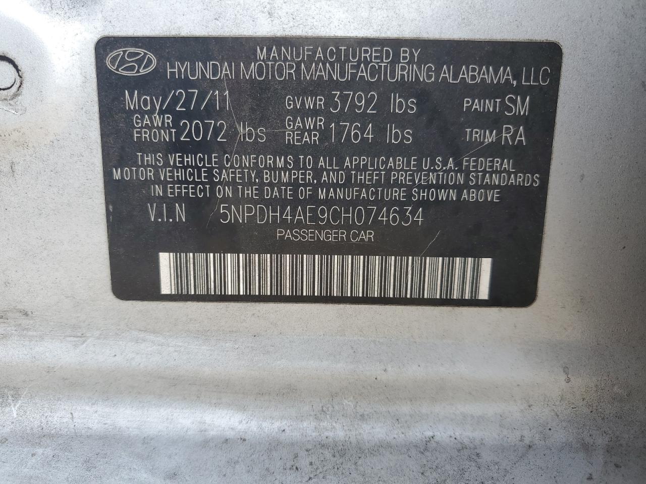 2012 Hyundai Elantra Gls VIN: 5NPDH4AE9CH074634 Lot: 65149065