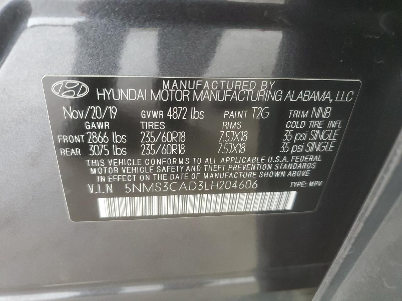 2020 Hyundai Santa Fe Sel VIN: 5NMS3CAD3LH204606 Lot: 63479745