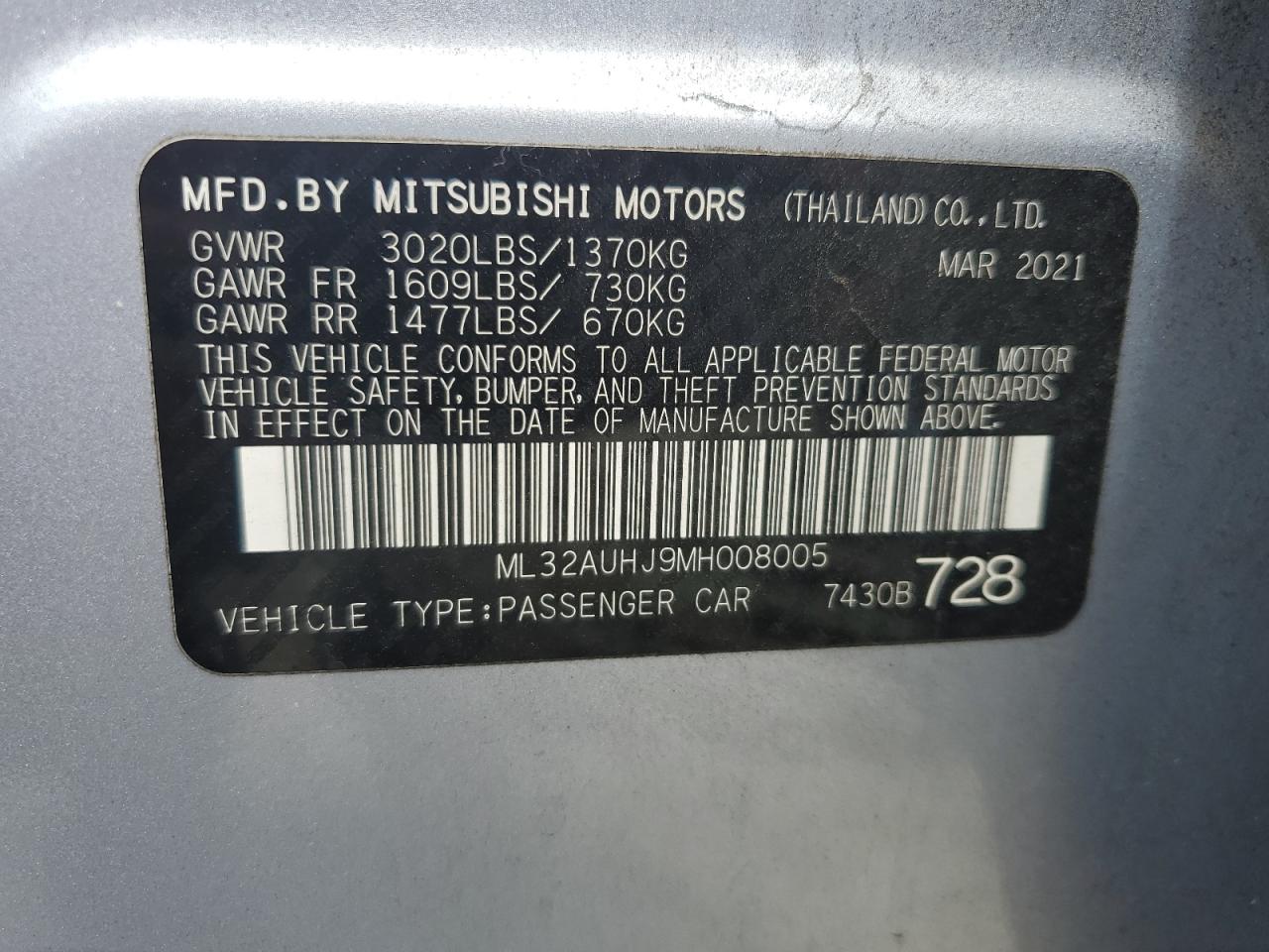 2021 Mitsubishi Mirage Es VIN: ML32AUHJ9MH008005 Lot: 62591855