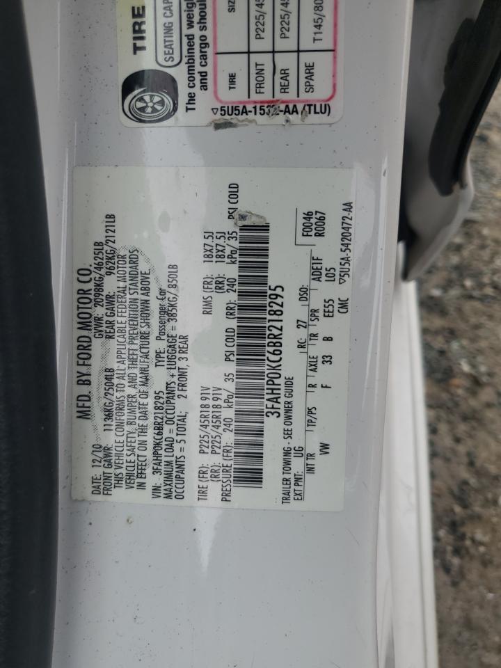 2011 Ford Fusion Sport VIN: 3FAHP0KC6BR218295 Lot: 64799645