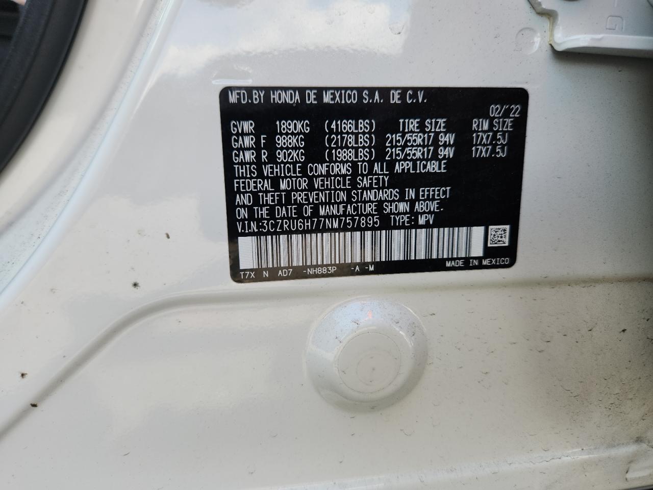 2022 Honda Hr-V Exl VIN: 3CZRU6H77NM757895 Lot: 63973085