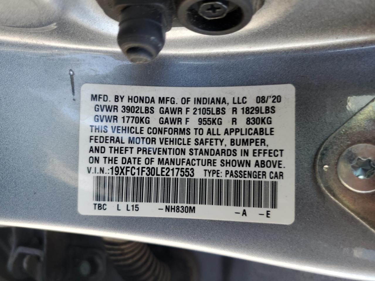 2020 Honda Civic Ex VIN: 19XFC1F30LE217553 Lot: 65071955