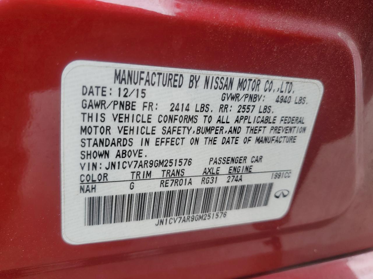 2016 Infiniti Q50 Base VIN: JN1CV7AR9GM251576 Lot: 63649635