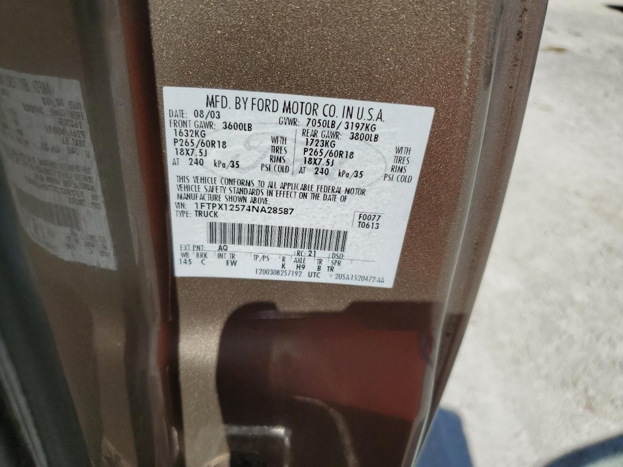 2004 Ford F150 VIN: 1FTPX12574NA28587 Lot: 66488825