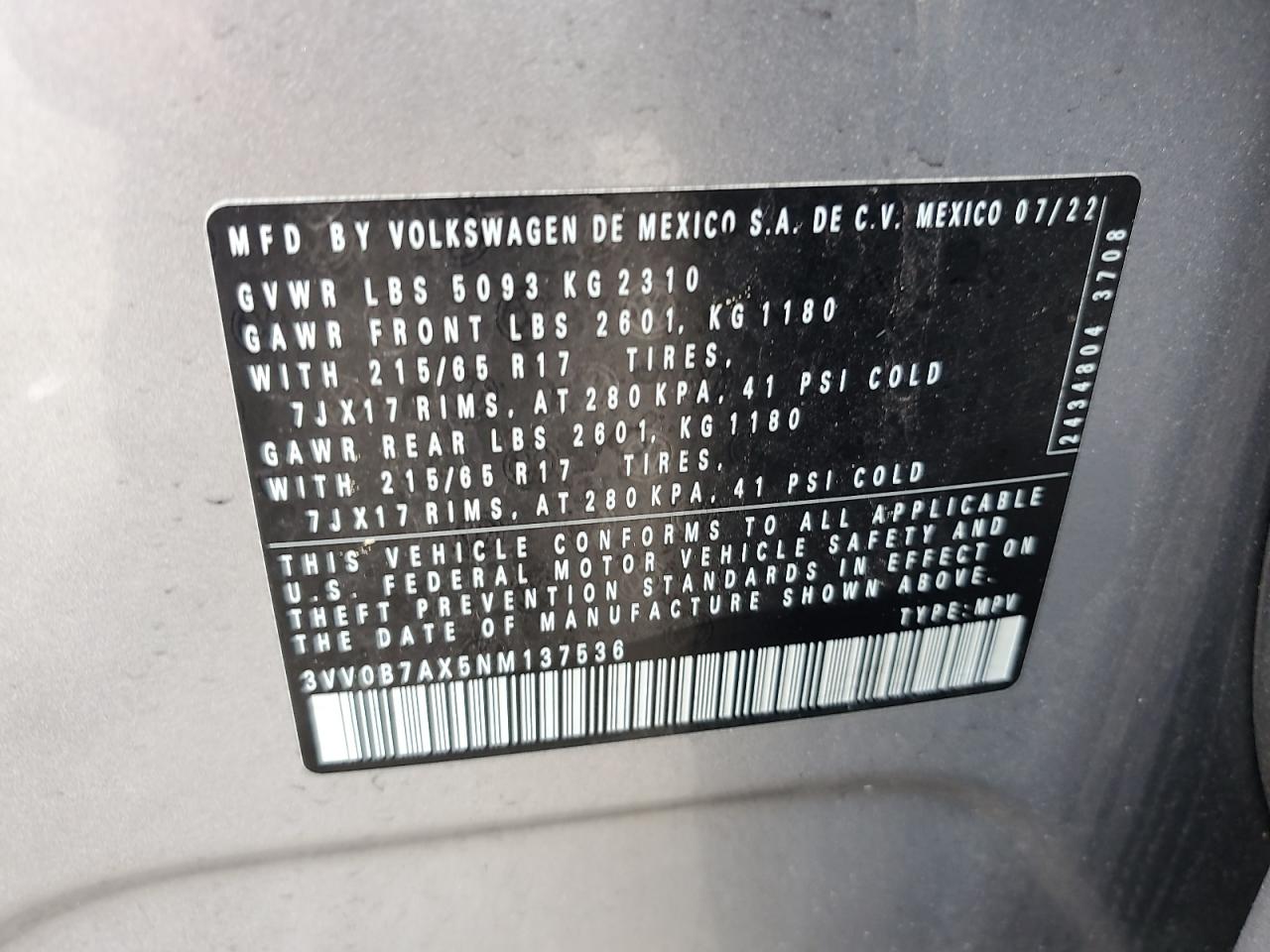 2022 Volkswagen Tiguan S VIN: 3VV0B7AX5NM137536 Lot: 64518145