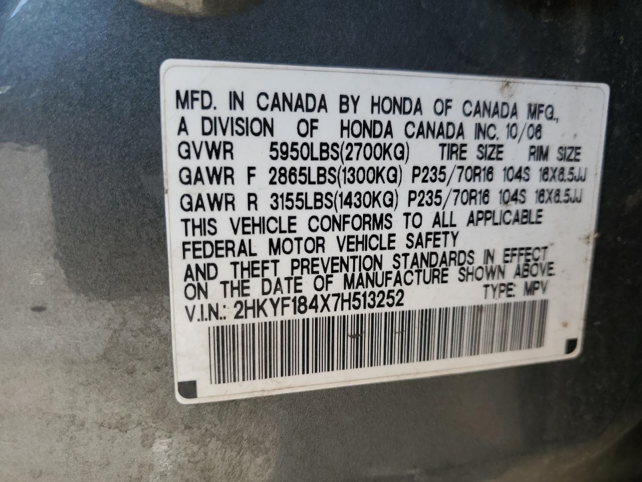 2007 Honda Pilot Ex VIN: 2HKYF184X7H513252 Lot: 62544825