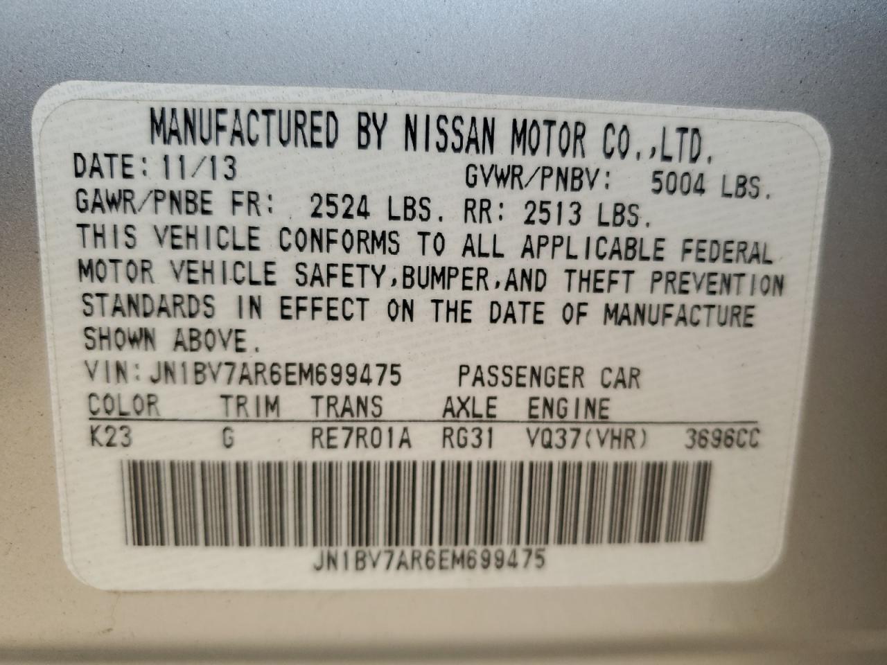 2014 Infiniti Q50 Base VIN: JN1BV7AR6EM699475 Lot: 65192565