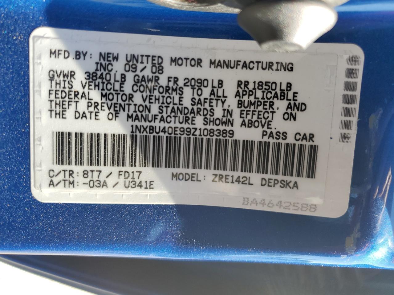 2009 Toyota Corolla Base VIN: 1NXBU40E99Z108389 Lot: 65597625