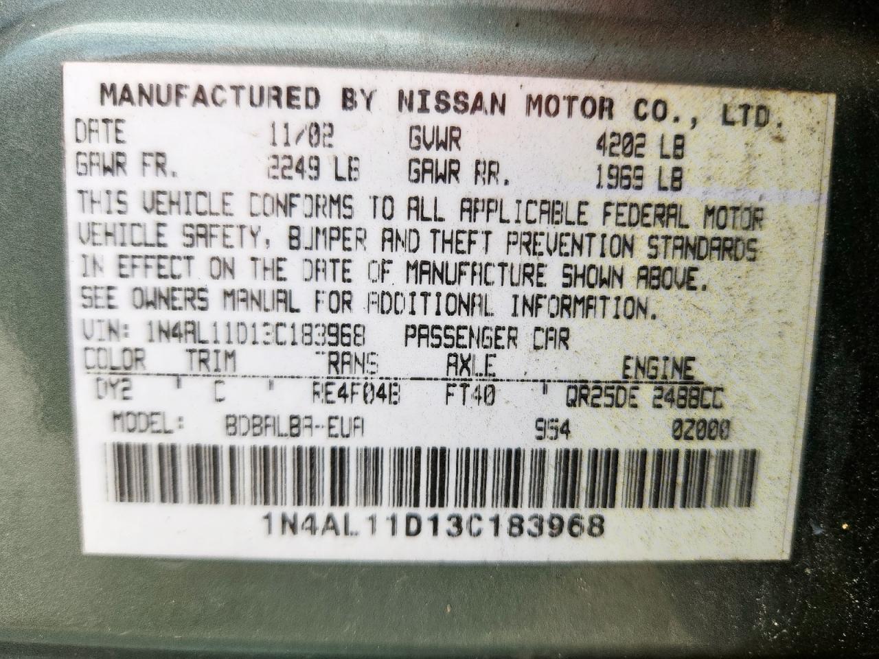 2003 Nissan Altima Base VIN: 1N4AL11D13C183968 Lot: 64694455