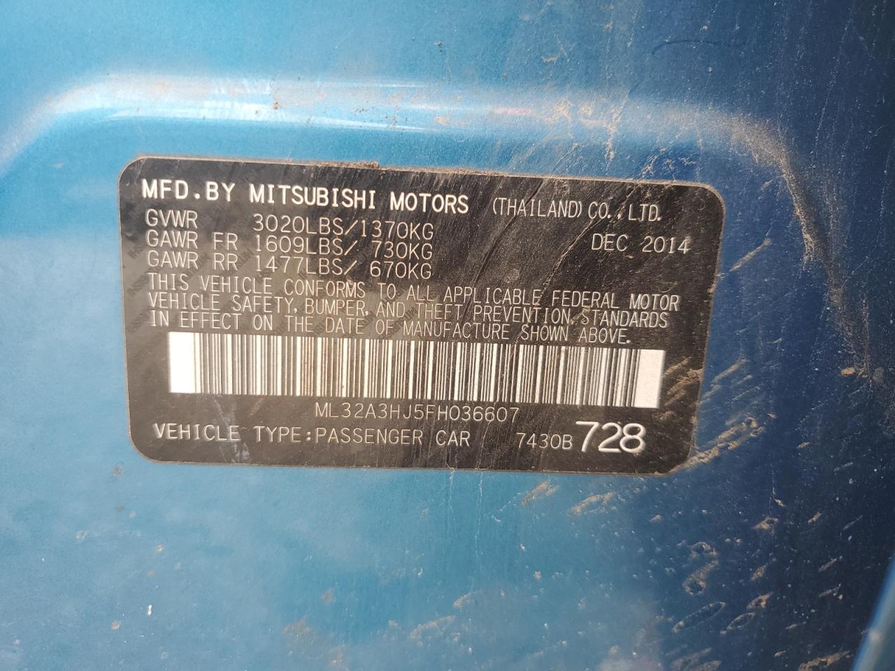 2015 Mitsubishi Mirage De VIN: ML32A3HJ5FH036607 Lot: 65285125