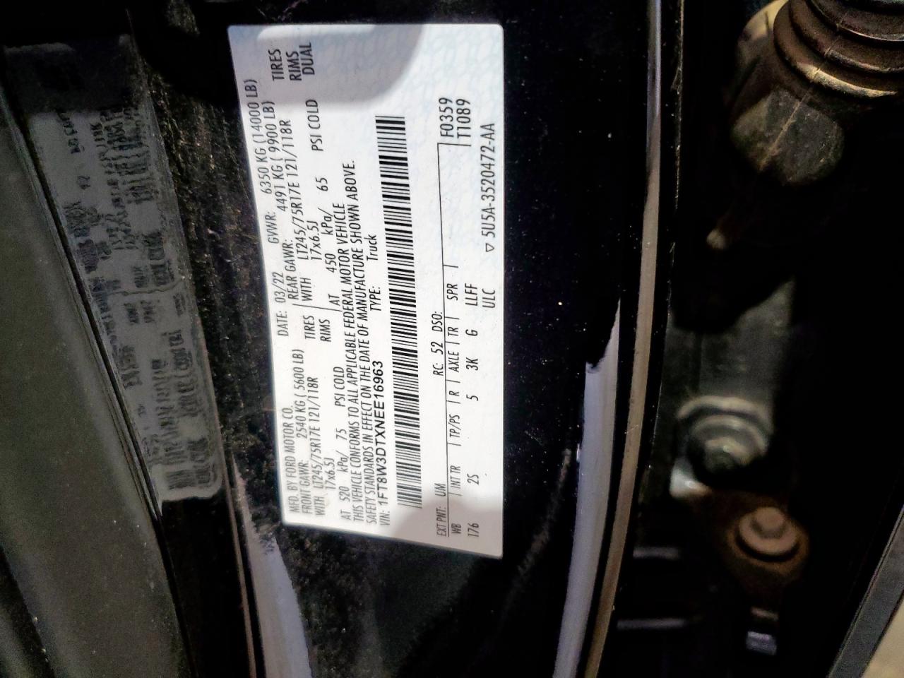 2022 Ford F350 Super Duty VIN: 1FT8W3DTXNEE16963 Lot: 64968455