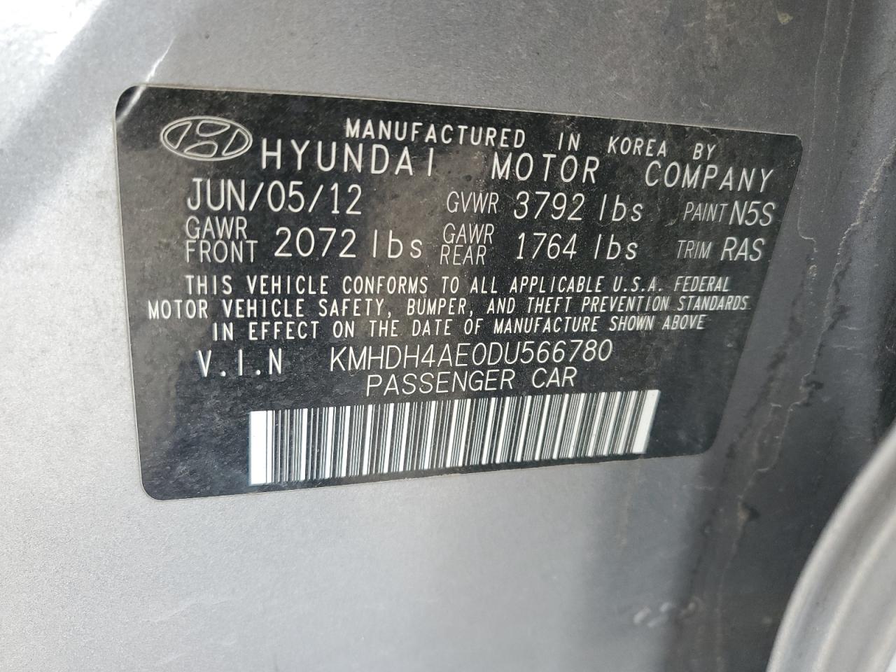 2013 Hyundai Elantra Gls VIN: KMHDH4AE0DU566780 Lot: 63805565