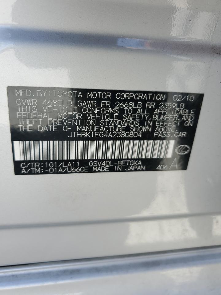 2010 Lexus Es 350 VIN: JTHBK1EG4A2380804 Lot: 65252335