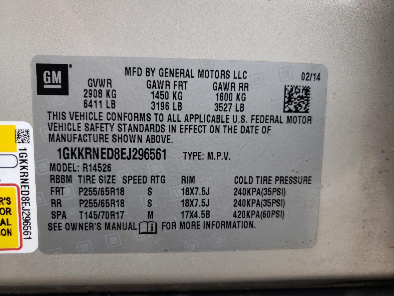 2014 GMC Acadia Sle VIN: 1GKKRNED8EJ296561 Lot: 63820515