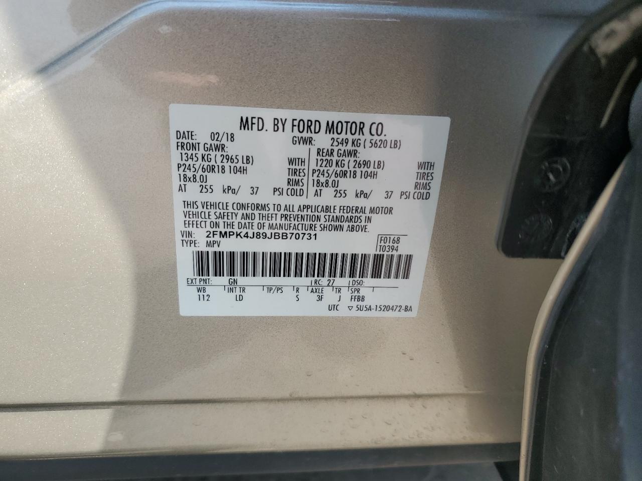 2018 Ford Edge Sel VIN: 2FMPK4J89JBB70731 Lot: 65124465