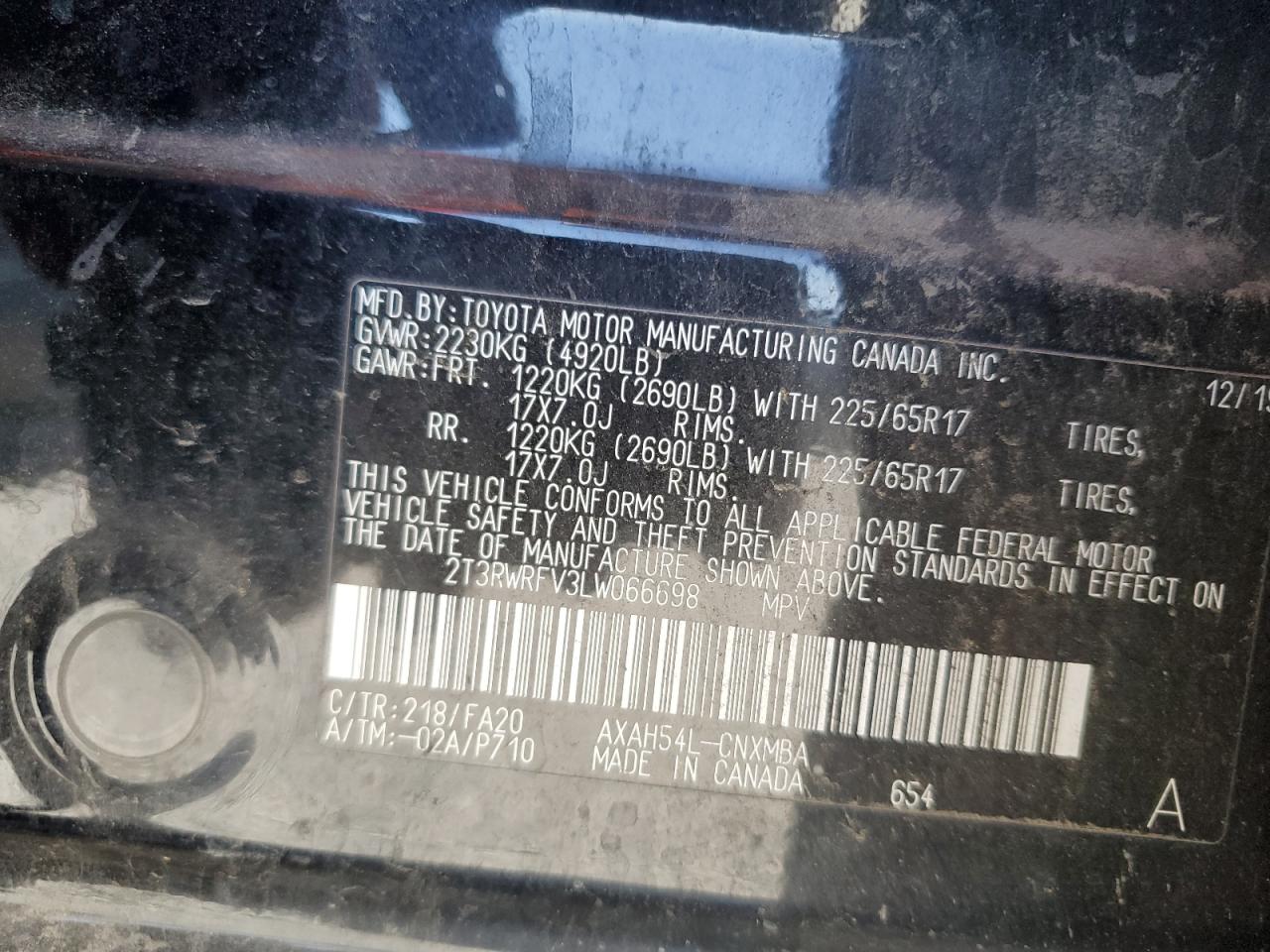 2020 Toyota Rav4 Xle VIN: 2T3RWRFV3LW066698 Lot: 64253005