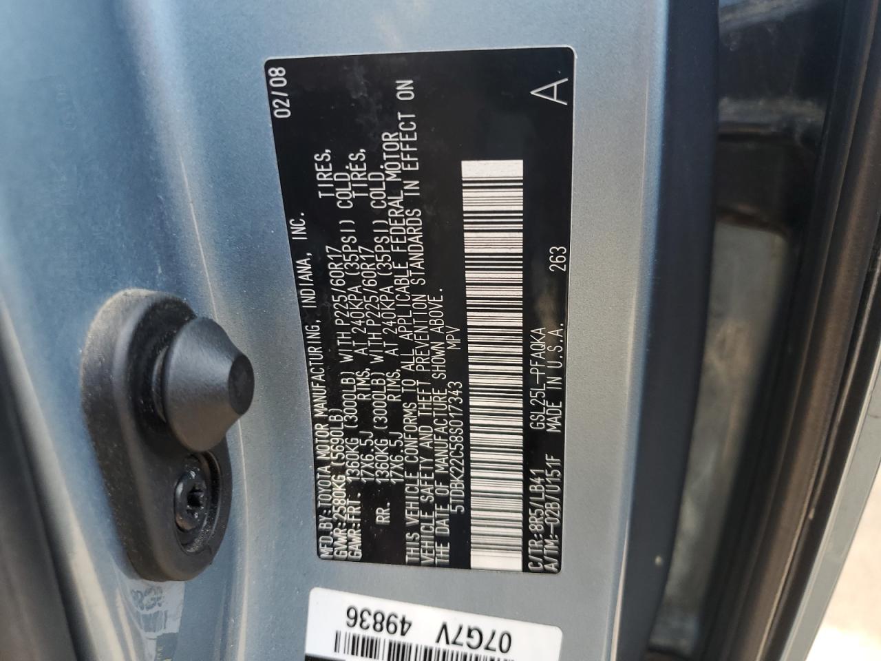 2008 Toyota Sienna Xle VIN: 5TDBK22C58S017343 Lot: 63578055