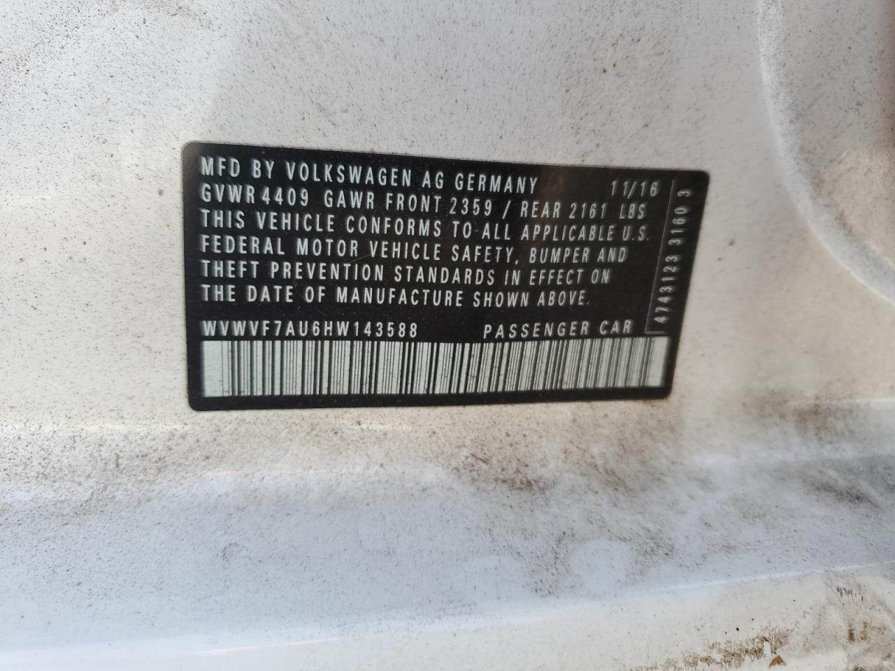 2017 Volkswagen Golf R VIN: WVWVF7AU6HW143588 Lot: 66935145