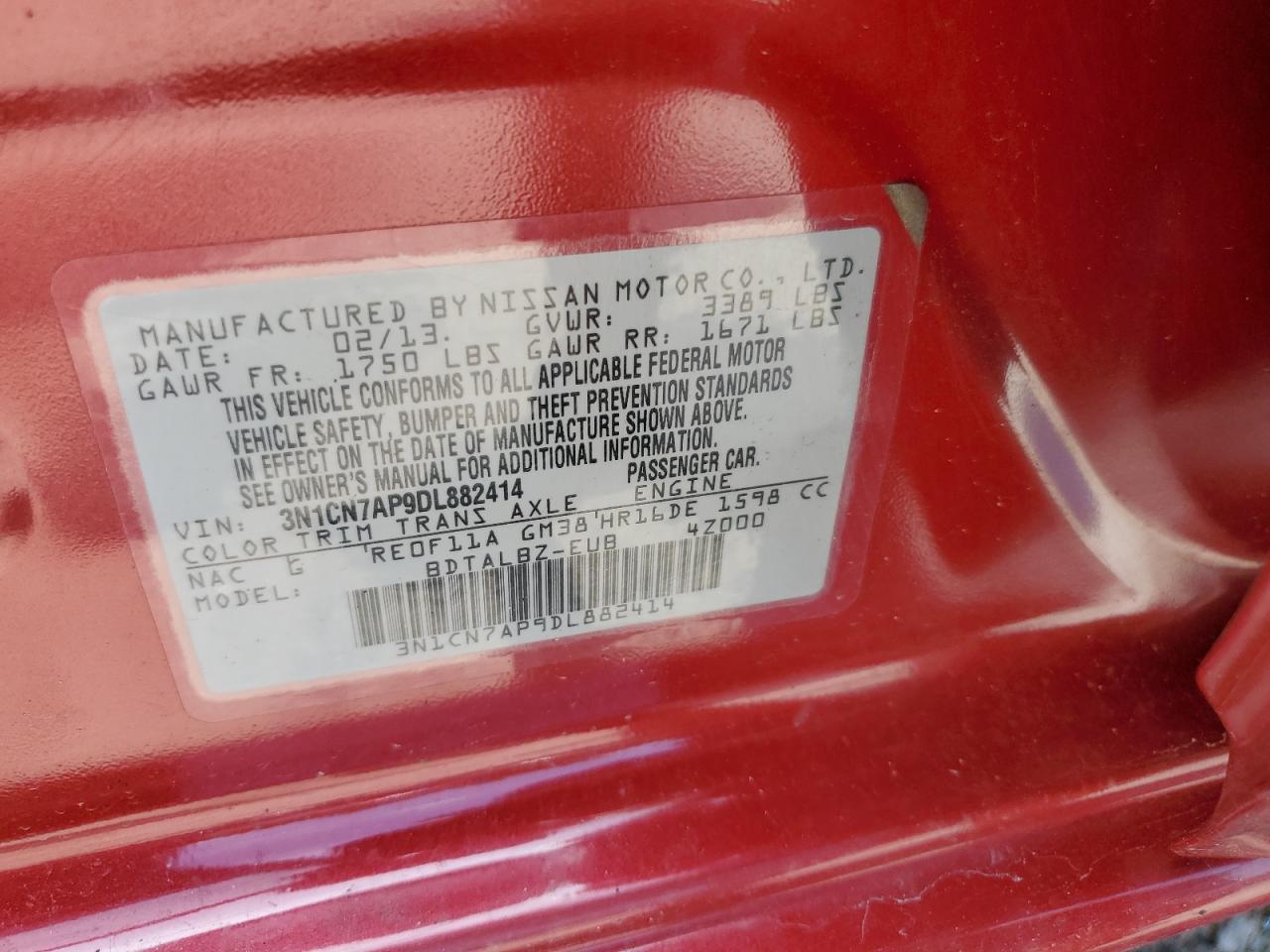 2013 Nissan Versa S VIN: 3N1CN7AP9DL882414 Lot: 65284145