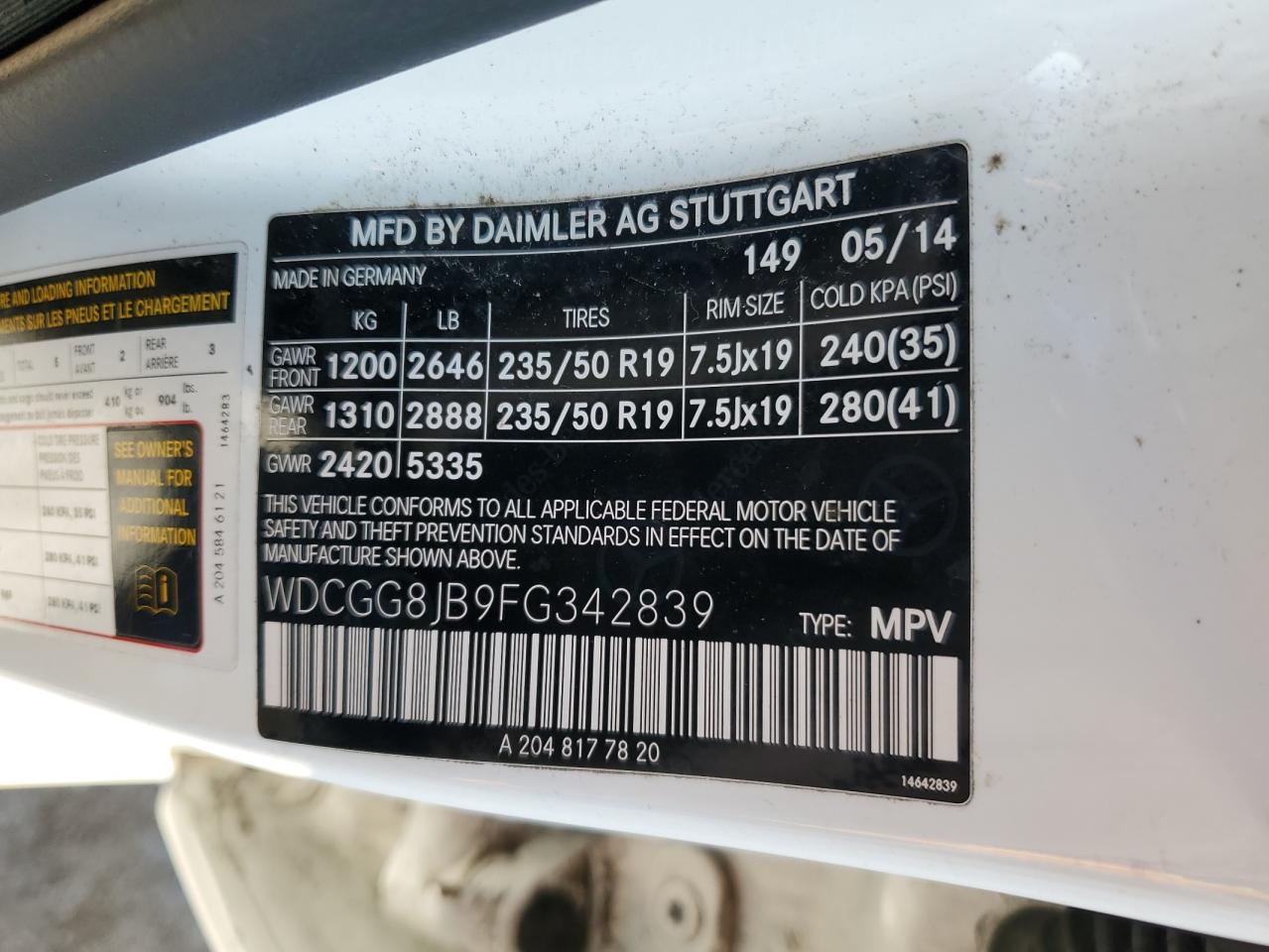 2015 Mercedes-Benz Glk 350 4Matic VIN: WDCGG8JB9FG342839 Lot: 64731585