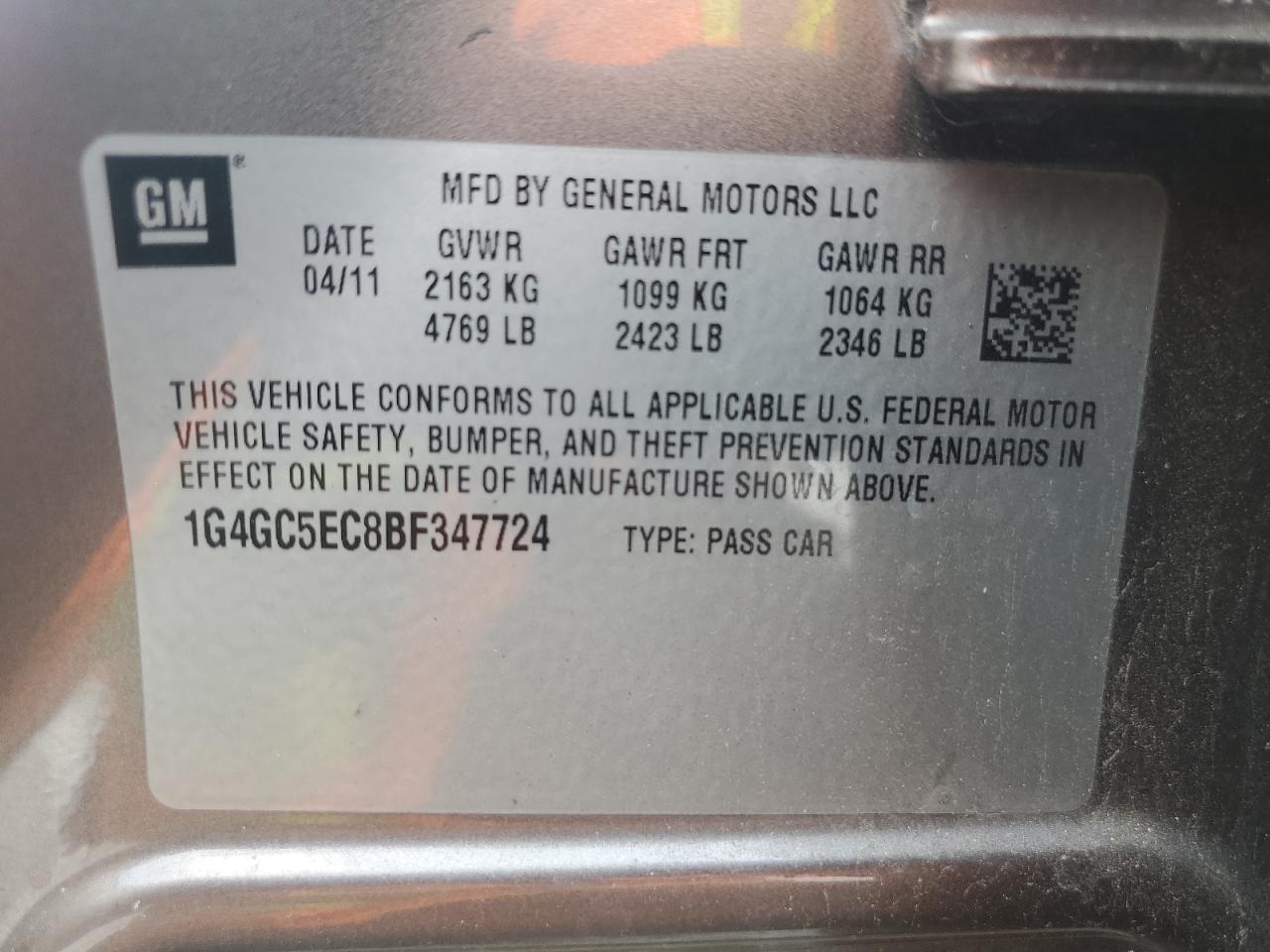 2011 Buick Lacrosse Cxl VIN: 1G4GC5EC8BF347724 Lot: 63499375
