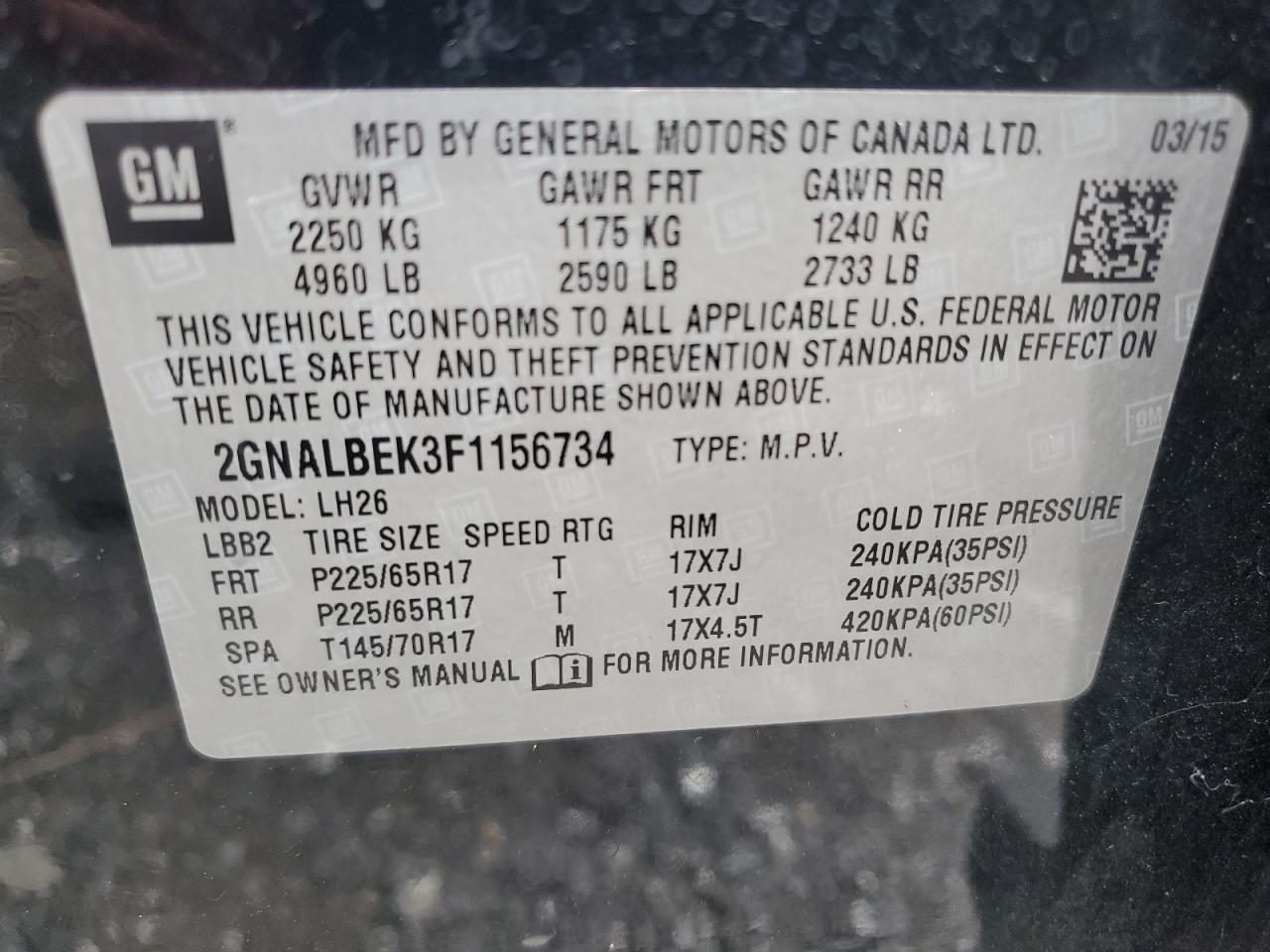 2015 Chevrolet Equinox Lt VIN: 2GNALBEK3F1156734 Lot: 65219505