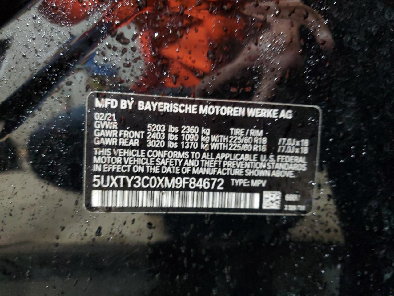 2021 BMW X3 Sdrive30I VIN: 5UXTY3C0XM9F84672 Lot: 65205465