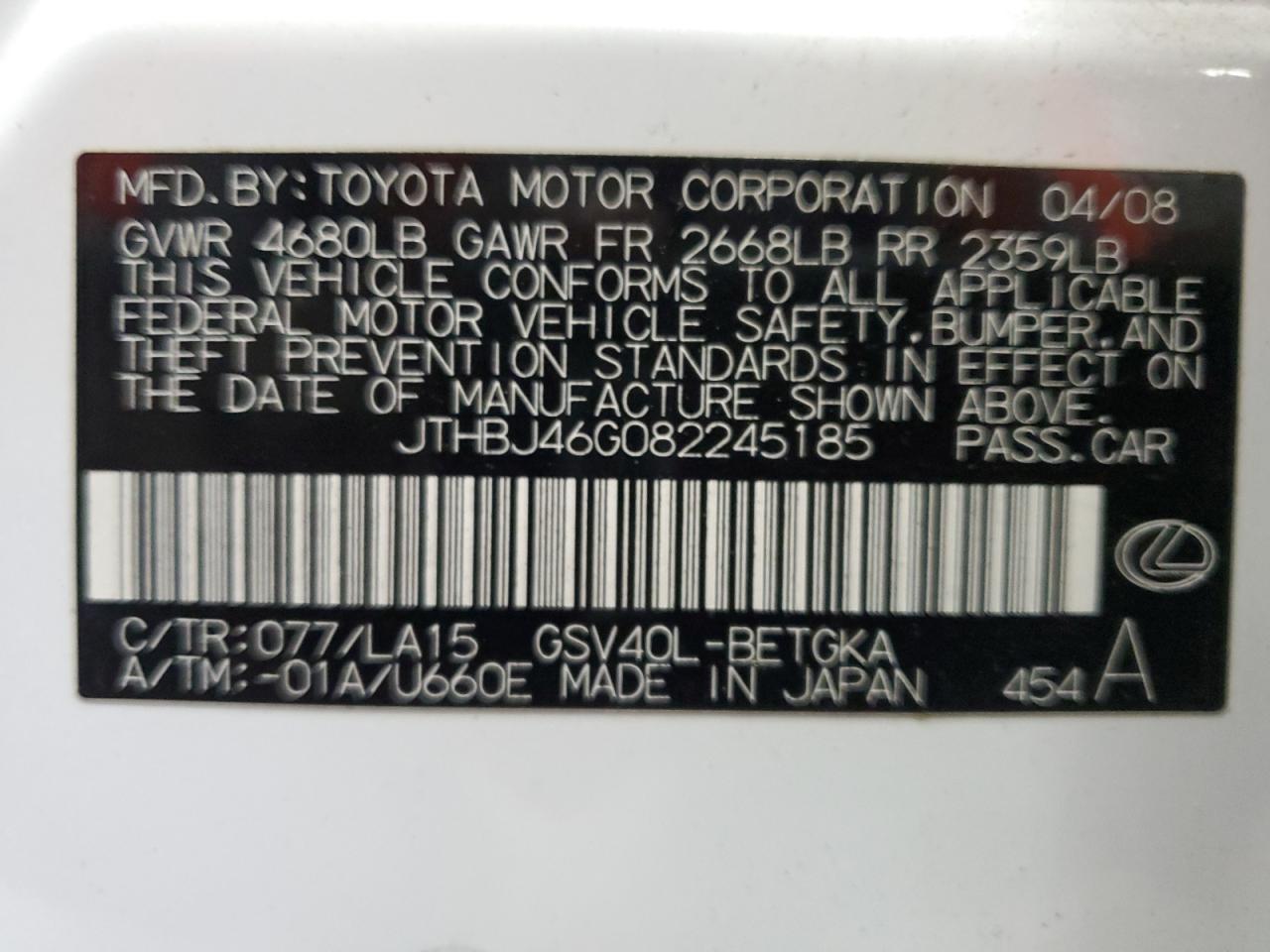 2008 Lexus Es 350 VIN: JTHBJ46G082245185 Lot: 62995415