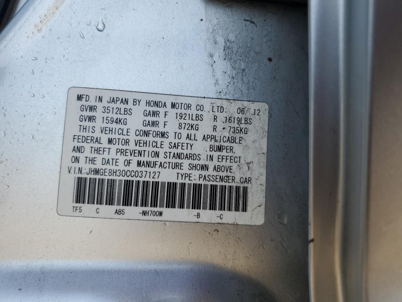 2012 Honda Fit VIN: JHMGE8H30CC037127 Lot: 64515515
