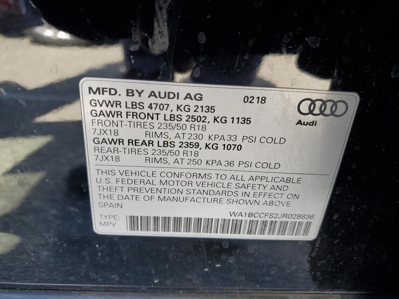 2018 Audi Q3 Premium VIN: WA1BCCFS2JR028836 Lot: 64863015