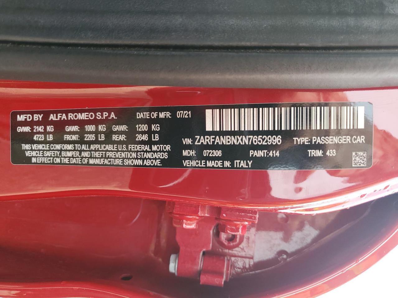 2022 Alfa Romeo Giulia Super VIN: ZARFANBNXN7652996 Lot: 66379945