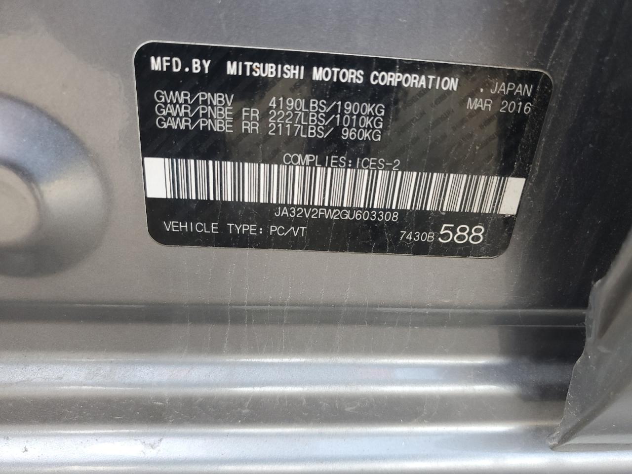 2016 Mitsubishi Lancer Es VIN: JA32V2FW2GU603308 Lot: 63927505