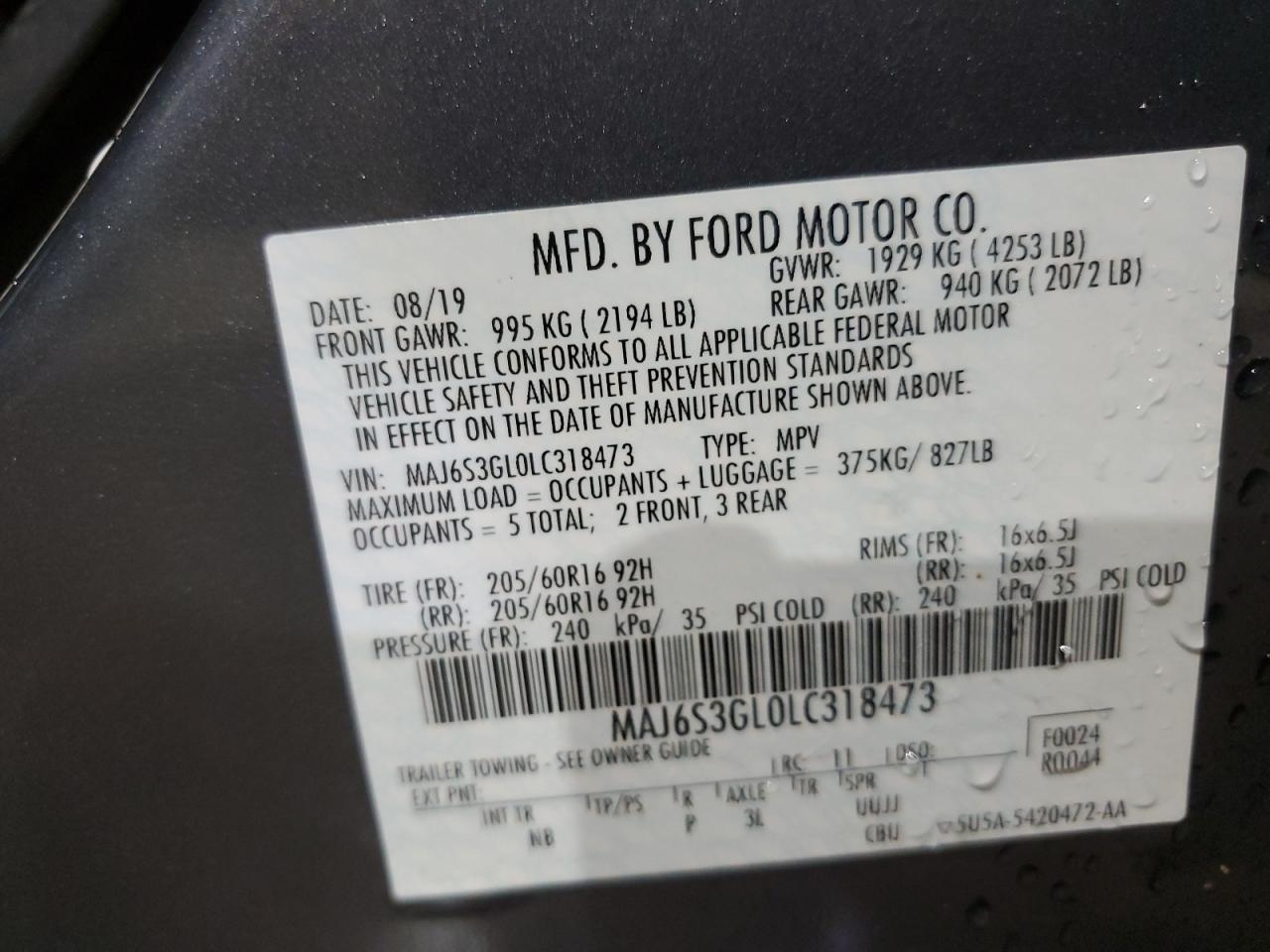 2020 Ford Ecosport Se VIN: MAJ6S3GL0LC318473 Lot: 66868395