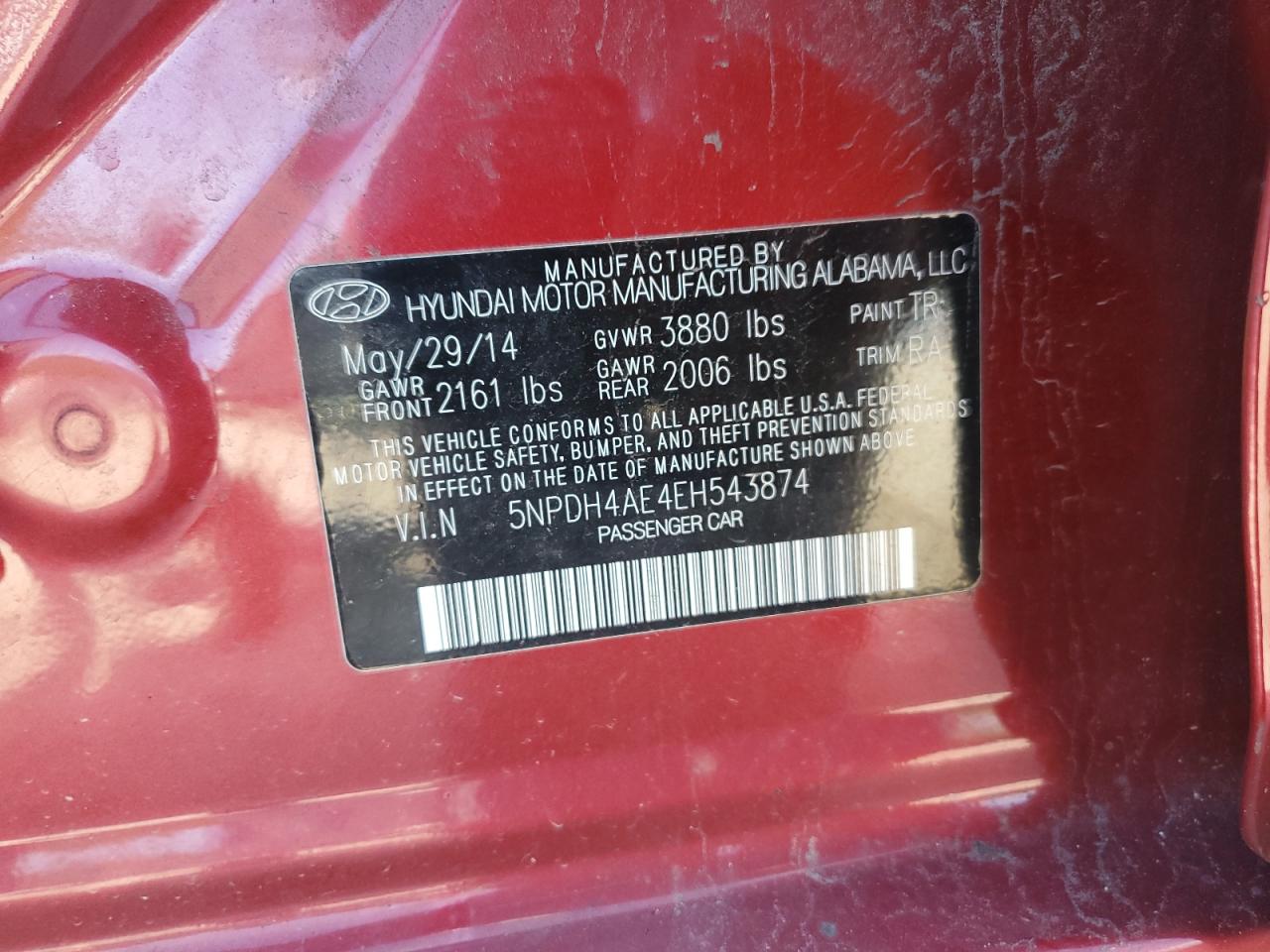 2014 Hyundai Elantra Se VIN: 5NPDH4AE4EH543874 Lot: 65418635