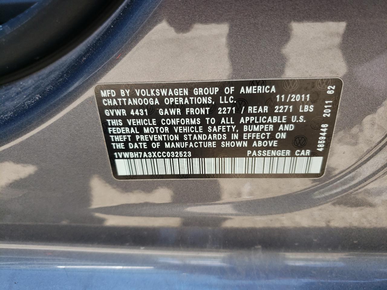 2012 Volkswagen Passat Se VIN: 1VWBH7A3XCC032523 Lot: 63204715